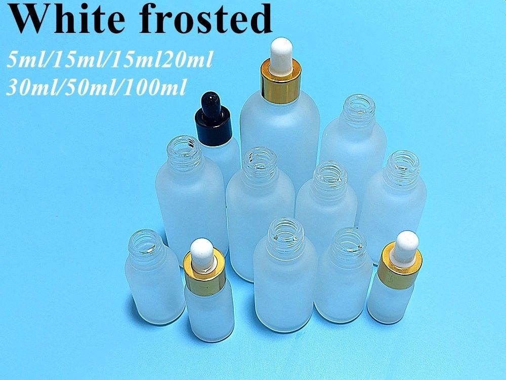 Bouteille d' huile essentielle vide de 5 ml, 10 ml, 15 ml, 20 ml, 30 ml, 1 oz, gouttière en verre glacé blanc glacé, bouteille avec bouchon de gouttière à anneau d' or