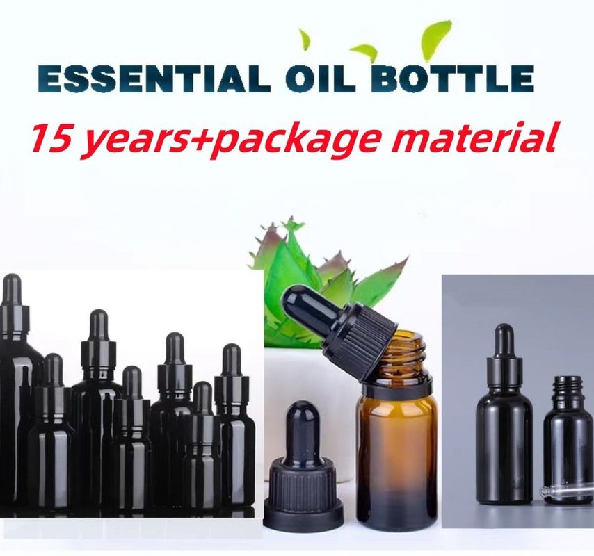 Bouteille d' huile essentielle ronde vide de 10 ml, 20 ml, 30 ml et 50 ml Bouteille goutteuse en verre noir brillant avec piquet de verre calibré