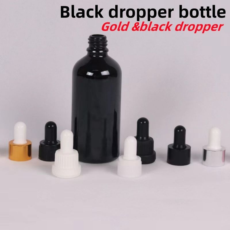 Bouteille d' huile essentielle ronde vide de 10 ml, 20 ml, 30 ml et 50 ml Bouteille goutteuse en verre noir brillant avec piquet de verre calibré