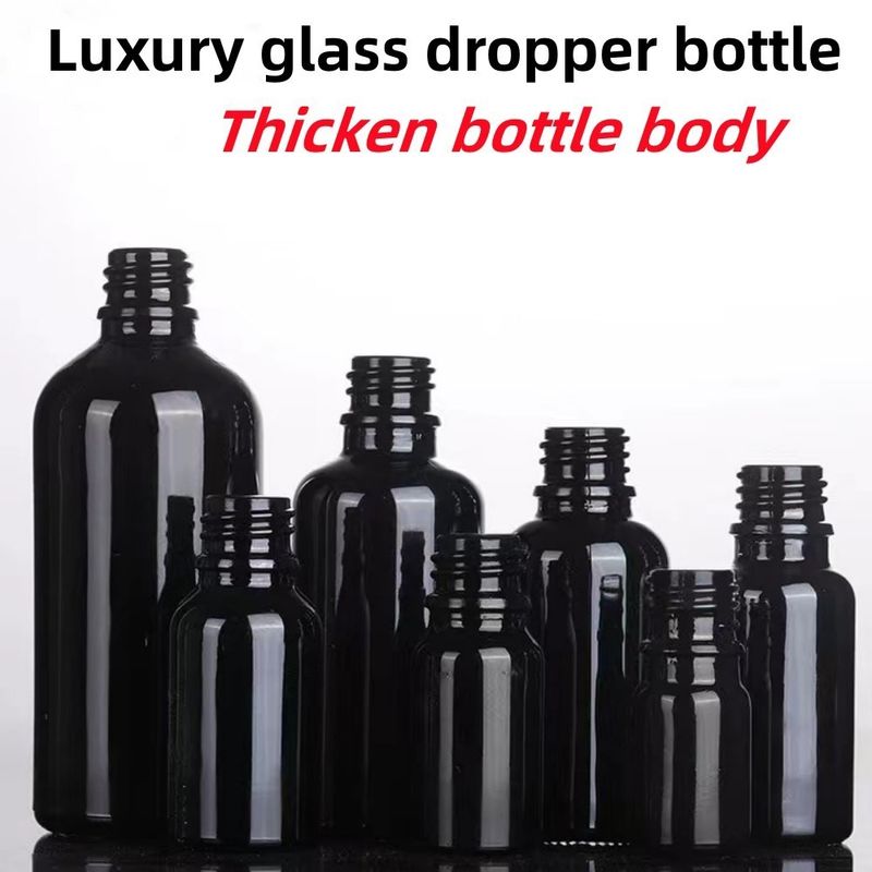 Bouteille à goutte à goutte noire 10, Ml 15ml 20ml 30ml 50ml vide, ronde noire et brillante en verre avec anneau en plastique or