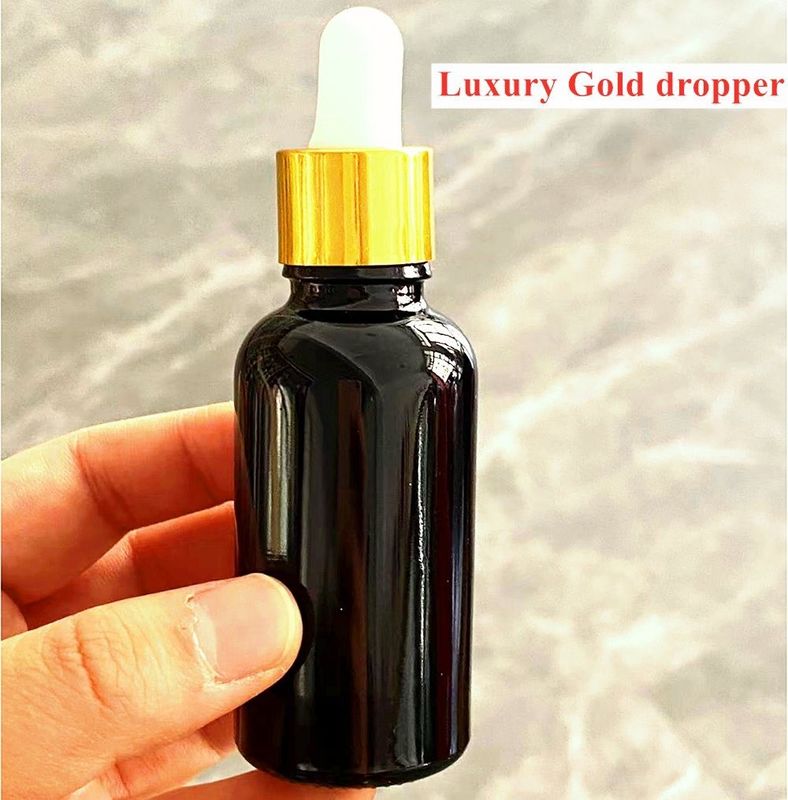 Bouteille à goutte à goutte noire 10, Ml 15ml 20ml 30ml 50ml vide, ronde noire et brillante en verre avec anneau en plastique or