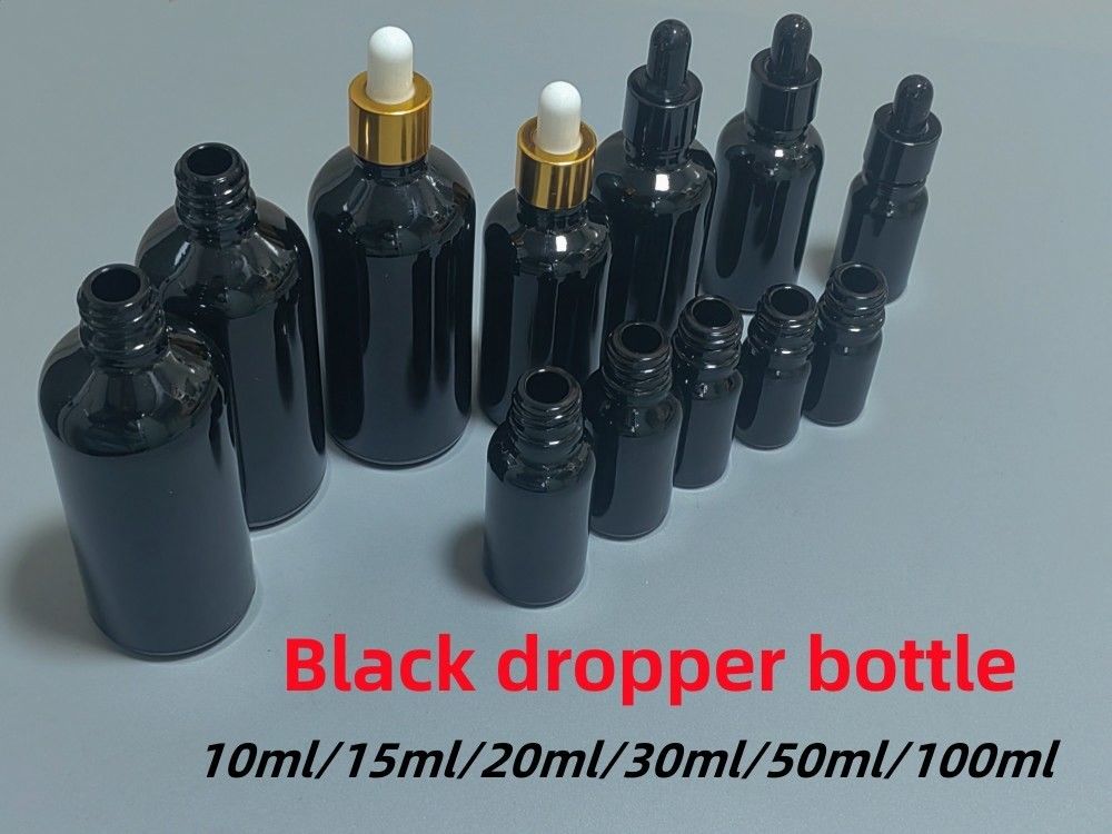 Bouteille à goutte à goutte noire 10, Ml 15ml 20ml 30ml 50ml vide, ronde noire et brillante en verre avec anneau en plastique or