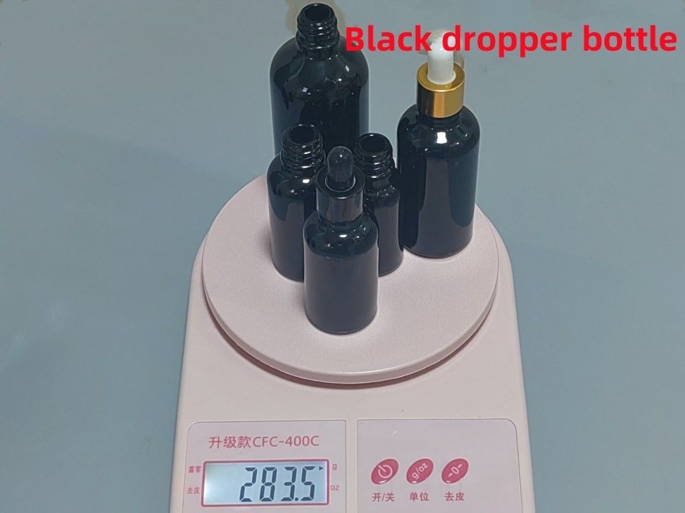 Bouteille à goutte à goutte noire 10, Ml 15ml 20ml 30ml 50ml vide, ronde noire et brillante en verre avec anneau en plastique or
