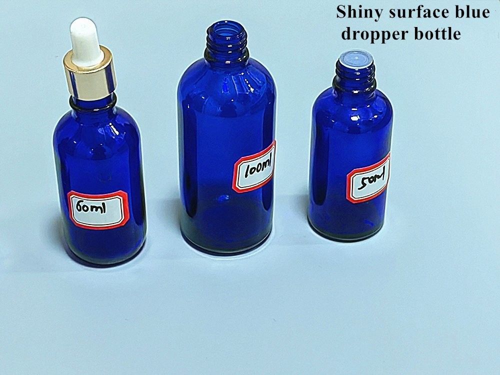 10 ml 20 ml 30 ml 50 ml Empty Boston Round Cosmetic Packaging Empty Blue Essential Oil Glass Dropper Bottle avec bouchon de goutte à goutte