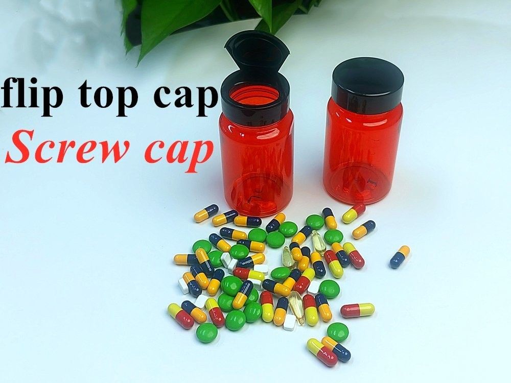 Médecine de santé Bouteille de pilule 100 ml PET Capsule en plastique rouge Emballage Pilule de vitamines Bouteille avec bouchon à vis