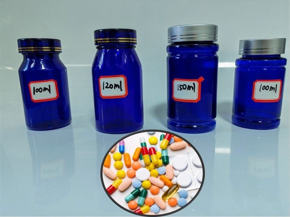 Bouteille en plastique de 100cc 120cc pour pilules Capsules bleu transparent PET rechargeable en plastique solide poudre de pilule Bouteille de médicament