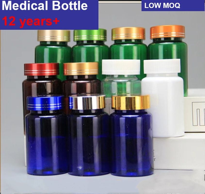 Bouteille en plastique bleu PET 100 ml en capsule avec capuchon à vis argenté