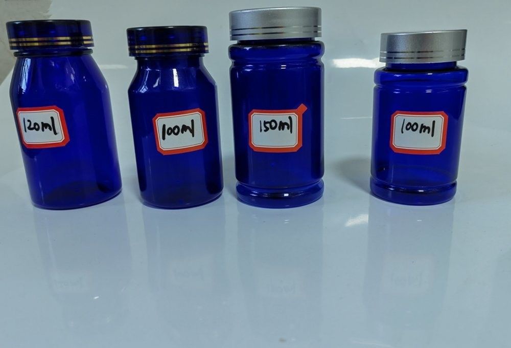 Bouteille en plastique de 100cc 120cc 150cc pour pilules Capsules bleu transparent pour animaux de compagnie Bouteille de médicament en plastique solide rechargeable